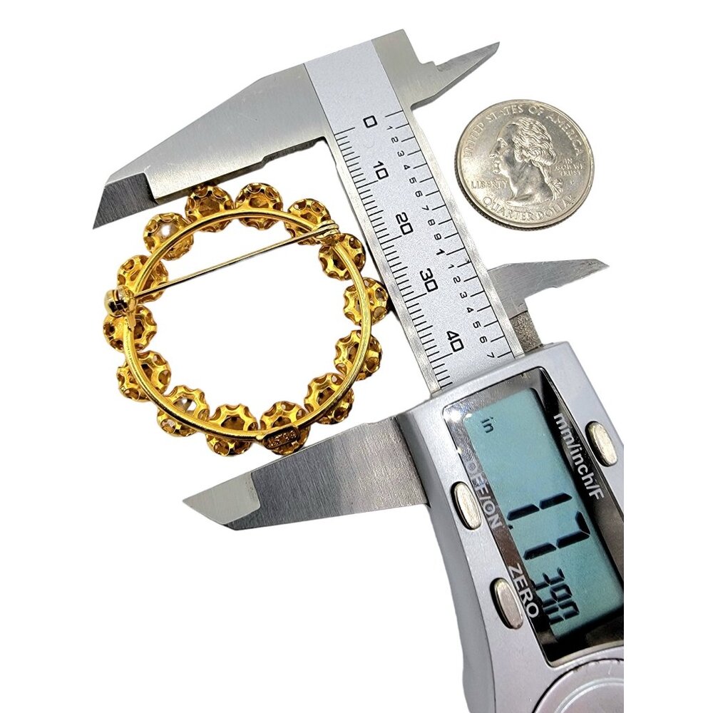 Austria Gold Tone Blue Rhinestone Open Round Filigree Brooch Pin - Picture 3 of 4